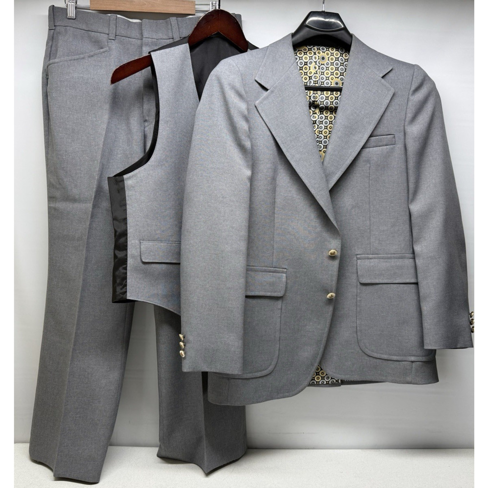 Vintage 70s 80s KNACK Mens 3pc Suit Gray Wool Blend Jacket 42R Pants 33x29